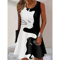 Fashion Contrast Cats Pattern Women Mini Dresses Sleeveless 3d Animal Printed Street Hip Hop Ladies Casual Dress 3XL Plus Size