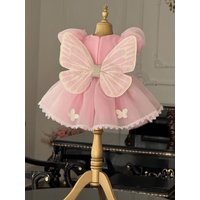 Custom Flower Girl Dress Wedding Dress Birthday Party Dress Puff Sleeve Tulle Ball Gown with Butterfly Appliques Beaded Waist