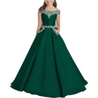 Emerald Green Pageant Dresses Pockets Off Shoulder Flower Girl Dress For Wedding Toddlers Beaded Sequin Birthday Party Ball Gown