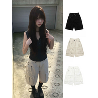 Street Style High Waist Straight Leg Multi-Pocket Casual Loose Workwear Shorts Korean Version Simple Folded Hem Cotton Shorts