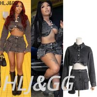 HLJ&GG High Quality Denim Y2K 2 Piece Sets Women Lapel Button Long Sleeve Crop Top+Mini Skirts Outfits Fashion Cowboy Streetwear