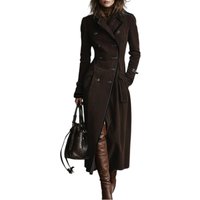 Trench Coat Women Chocolate Suede Double-Breasted Long Trench Coat Elegant Office Daily Outing 2026 Trendy Tops Nuevo Estilo