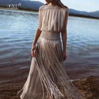 VGH Luxurious Party Two Piece Set for Women O Neck Vest High Waist Spliced Tassel Knitted Long Skirt Fashion Elegant Suit Female