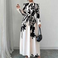 Dresses For Women Black And White Flowers Print Long Sleeve Ruffled Collar Elegant Dress Lace Up A-Line Dress 2026 Spring New