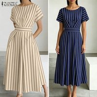 ZANZEA Stylish Women O Neck Short Sleeve Striped Sundress Summer OL Work Dress Elegant A Line Waisted Midi Robe Casual Dresses