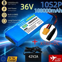 36V 10S2P 100000mAh Lithium-Ionen-Akku mit integriertem BMS XT60+DC-Stecker und 42V 2A Ladegerät für E-Bike, Scooter, Elektrofahrrad, Rollstuhl