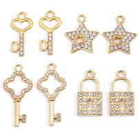 JQ 10Pcs Bling Crystal Key Lock Gold Plated Alloy Charm Pendant for Necklace Earring Handmade Jewelry Accessory Wholesale