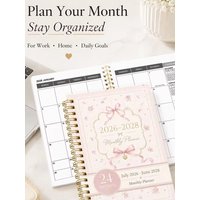 1pc 2026.7-2028.6 24 Monthly Planner, Pink Bow Floral A5 Spiral Agenda Notebook with Reference Calendars and Notes Pages