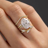 Huitan Wedding Set Rings Series Oval Cubic Zirconia Luxury 3Pcs Gold Color Rings for Women Engagement Temperament Female Jewelry