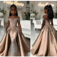 Custom Flower Girl Dress Wedding Gown Birthday Party Dress Off Shoulder Lace Mermaid Satin Princess Gown With Train For Little