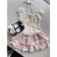 Elegant Short Sleeve Women Sweet Slash Neck Slim 2-piece Set Cute Off Shoulder Lace Up Tops Chic Lace Mini Skirt Summer New