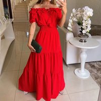 Summer Sexy Off Shoulder Slash Neck Ruffle Beach Party Dress Elegant Women Fashion Red Lace-up Pleated Holiday Long Dresses Robe