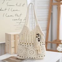 Hollow Crochet Tote Bag Polyester Large Capacity Openwork Knit Purse White Brown with Lining Zipper Bead Fringe Bag Summer Use