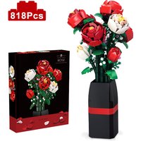 Creative Red Rose Vase Plants Model Building Blocks Moc Romantic Classic Flowers Bouquet Potted Bricks Toys Valentine's Day Gift