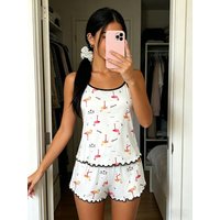 Women Spring Summer Fall Pajama Set Spaghetti Strap Ruffle Trim Round Neck Sleeveless Cami Shorts Tropical Flamingo Palm Print