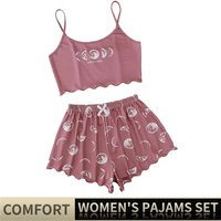 Women Pajamas Sleepwear Pajama Set Sports Camisole And Shorts Pink Moon And Planet Print Summer Soft Comfortabl Casual