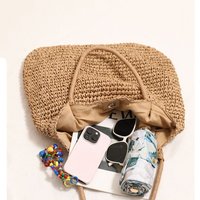 Fashion Straw Tote Bag Woven Large Capacity Beach Bag Solid Color Square Casual Shoulder Bag