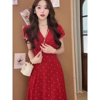 Summer Island Vacation Style Polka Dot Print V-Neck Bubble Sleeve Long Dress Women's Travel Clothing Retro Flared Skirt