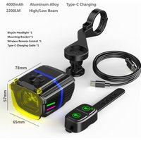 2200LM Bicycle Headlight With Wireless Remote Control, 4000mAh Battery, Type-C Charging Aluminum Alloy For Night Riding