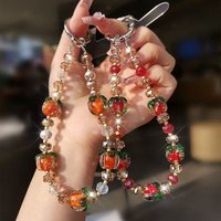 Ins Lucky Persimmon Phone Chain, Glass Pumpkin Beaded Charm, Luxury Anti-lost Strap for Bag & Phone