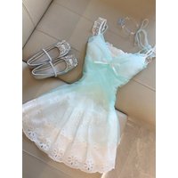 Sweet Blue White New Two Piece Set Women Spaghetti Strap Lace Patchwork Dress Suit Korea Fashion Bow Beach Vacation Outfit 2025