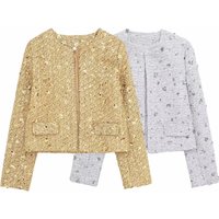 HH Women Shiny Sequins Cardigan Coat O Neck Long Sleeve Jacket Gold Silver Sequins Slim Short Coats Fashion Streetwear