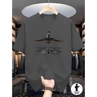 Summer men's 100% pure cotton sports casual loose and fashionable airplane print round neck short sleeved T-shirt