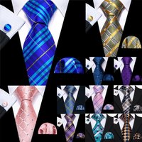 Barry.Wang Plaid Men Tie Hanky Cufflinks Set Checked Jacquard Necktie for Male Formal Casual Wedding Business Party Events