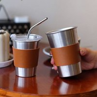 Pu Leather Anti-scald Cup Sleeves Anti-slip Heat-insulating Portable Brown Cup Sleeves for Stainless Steel Cup, Coffee Cup