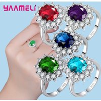 100% Authentic 925 Sterling Silver Color Women Wedding Engagement Jewelry Ring Classic Oval Flower Shiny Cubic Zircon Crystal