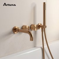 Luxury black brass wall mounted bathroom faucet with embedded design, dual handle hot and cold water simple bathtub faucet