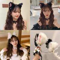 Plush Lace Cat Ears Bell Headband for Women Korean Style Elegant Fashion Girl Hair band Party Cosplay