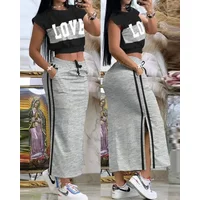 2025 Summer Two Piece Sets Women Outifit Fashion Print Colorblock O-Neck Short Sleeve Crop Top & Casual Striped Pocket Skirt Set