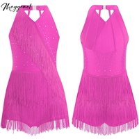 Kids Girls Latin Dance Cha-cha Samba Salsa Costume Rhinestones Fringe Leotard Dress Sleeveless Strappy Back Tassel Jumpsuit