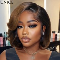 UNice No-Slip 7x5 Lace Ombre Brown Bob Wig With Side-Swept Bangs Pull & Go Drawstring Glueless Human Hair Wig Ready To Wear