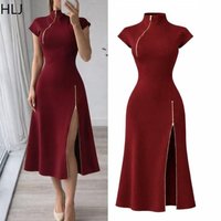 HLJ Elegant Solid Color Bodycon Midi Dress for Women Gold Zipper High Neck Short Sleeves Dresses Female Party Clubwear Vestidos