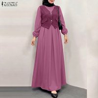 Women's Modest Fashion Layered Design Maxi Dress Color-Blocked Long Sleeve Abaya Robes ZANZEA Muslim Islamic Hijabis Kaftan