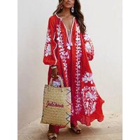 Boho Elegant Print Long Dress For Women Loose Casual V Neck Lace Up Big Hem Long Style Dresses 2024 Fashion New Lady Robe
