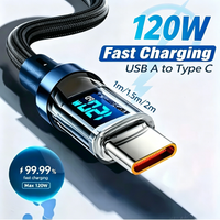USB A to Type C Data Cables 120W 6A High Speed Charging Line LED Display Nylon Wire for Mobile Devices PD Fast Charging Cables