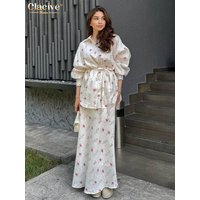 Clacive Fashion Loose Print Woman 2 Piece Set Outfit Elegant Long Sleeve Shirt With High Waist Long Skirt Set Female Clothing