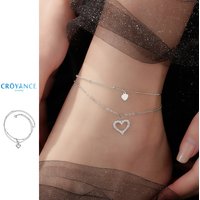 Luxury 925 Sterling Silver Double Layer Heart Zircon Anklets Women Jewelry Elegant Summer Beach Rhinestone CZ Pendant Foot Chain
