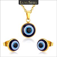 LUXUSTEEL Women Earring And Necklace Sets Stainless Steel Lucky Blue Eyes Pendant Necklace Earring Dubai Jewellery Set Gift