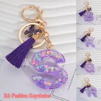A-Z Shiny Sequin Letter Keychain Resin Couple Initial Purple Stars Filled Pendant Keyrings Handbag Car Key Charm Accessories