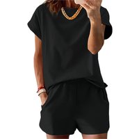 Women's O-neck Comfortable Top Elastic Waist Pocket Loose Shorts Two-piece Set 2026 Summer New Fashion Solid Color Shorts Set