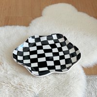 Black And White Checkered Ceramic Tray - Decorative Serving Tray for Snacks Dessert Fruit for Living Room Dining Table