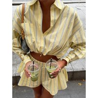 Summer New Fashion Loose Stripe Print 2 Piece Set Women Elegant Long Sleeve Crop Shirt with High Waist Shorts Set Female
