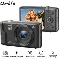 Kompaktowy aparat cyfrowy Ourlife 5K 72MP z ekranem LCD 2,8'', 16-krotnym zoomem cyfrowym, do fotografii w stylu vintage, vlogów i nagrywania wideo na YouTube.