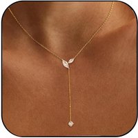 Long Gold Necklace for Women - Dainty Lariat Necklace 14K Gold CZ Y Shaped Teardrop Necklaces Prom Formal Summer Beach Jewelry