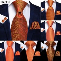 Hi-Tie Designer Orange Paisley Wedding Tie For Men Handky Cufflink Gift Mens Necktie Fashion Business Party Dropshiping
