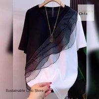 French Lace Irregular Splicing Black and White Contrast Short-sleeved T-shirt Women's Summer New Loose Slim Covered Casual Shirt